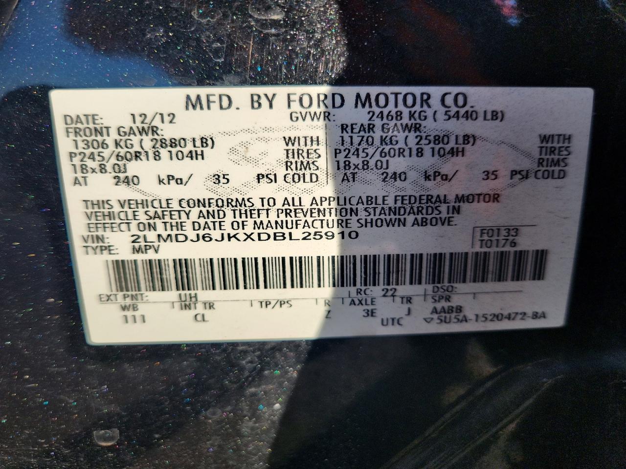 2013 Lincoln Mkx Black vin: 2LMDJ6JKXDBL25910