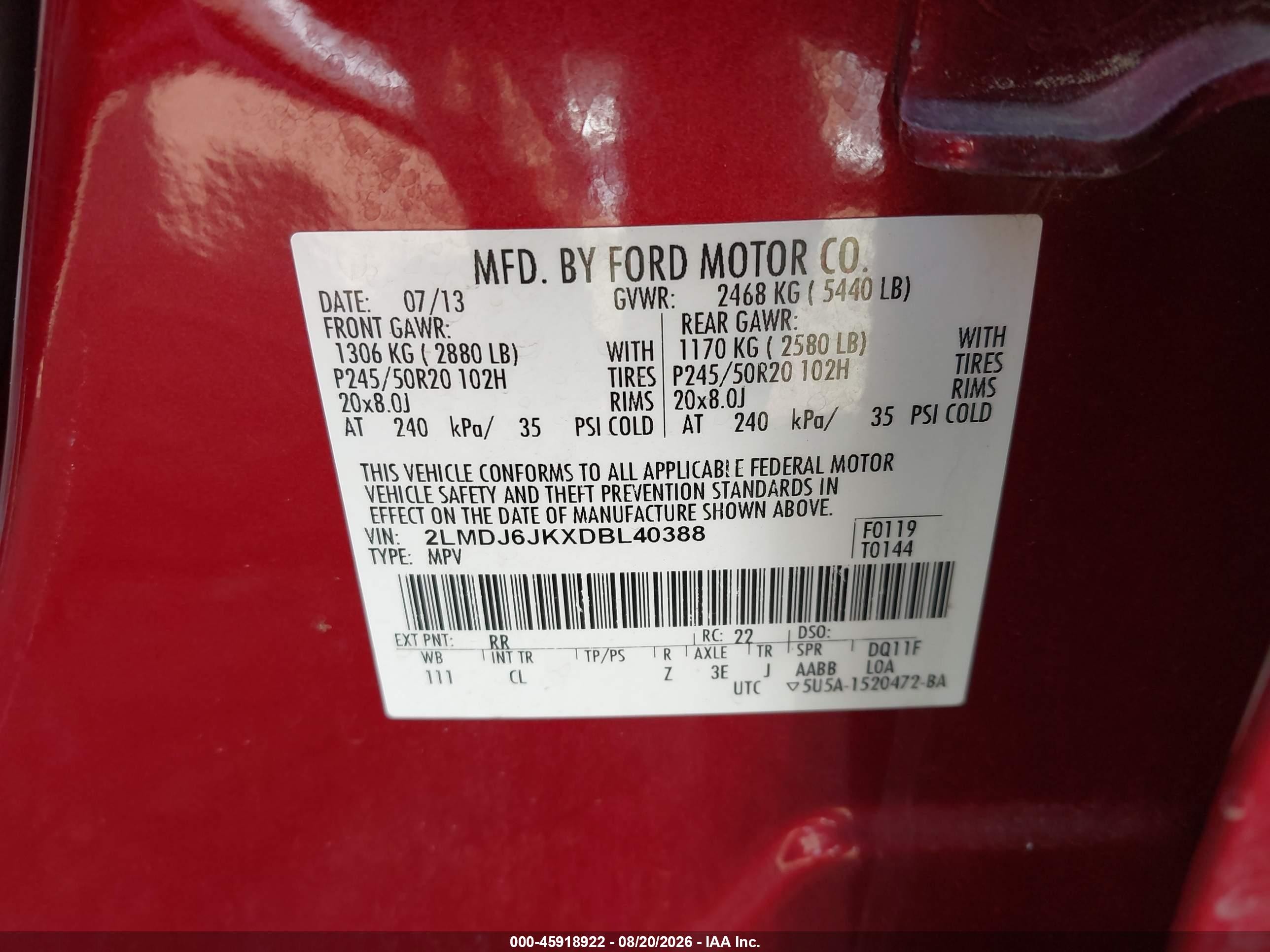 2013 Lincoln Mkx Red vin: 2LMDJ6JKXDBL40388