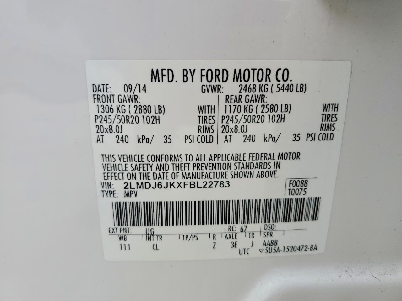 2015 Lincoln Mkx White vin: 2LMDJ6JKXFBL22783