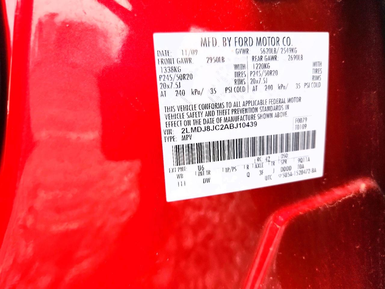 2010 Lincoln Mkx Red vin: 2LMDJ8JC2ABJ10439