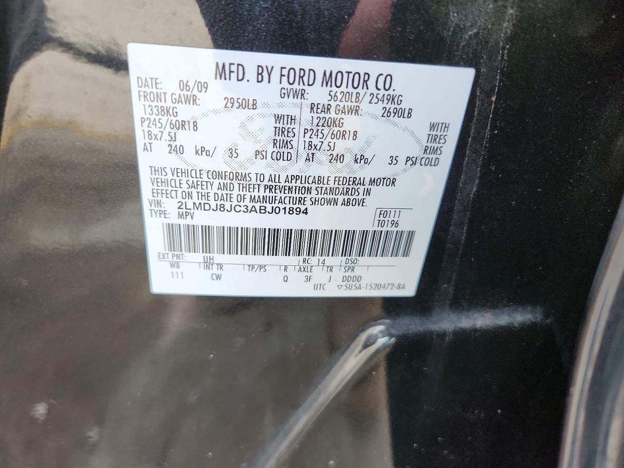 2010 Lincoln Mkz Black vin: 2LMDJ8JC3ABJ01894