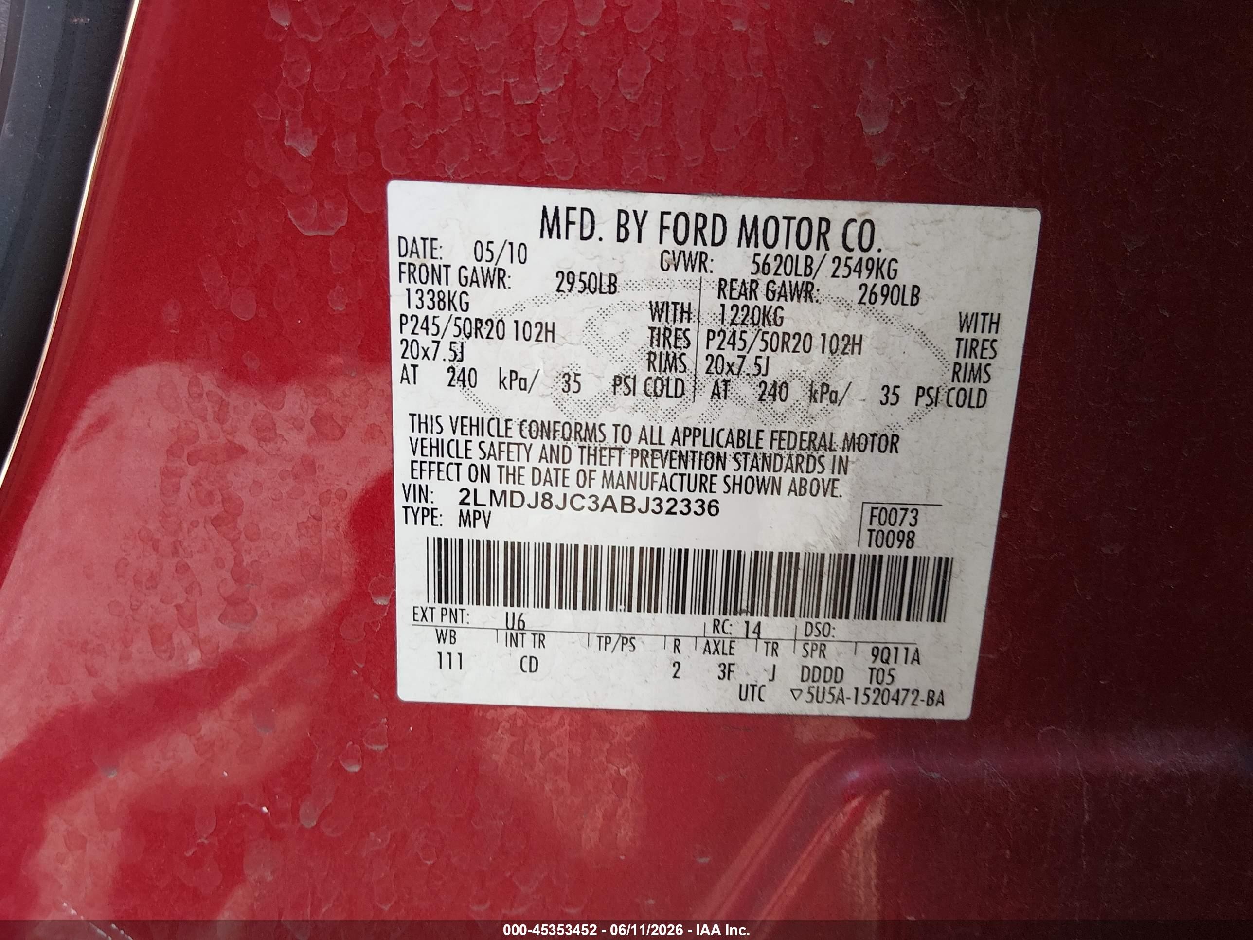 2010 Lincoln Mkx   Red vin: 2LMDJ8JC3ABJ32336