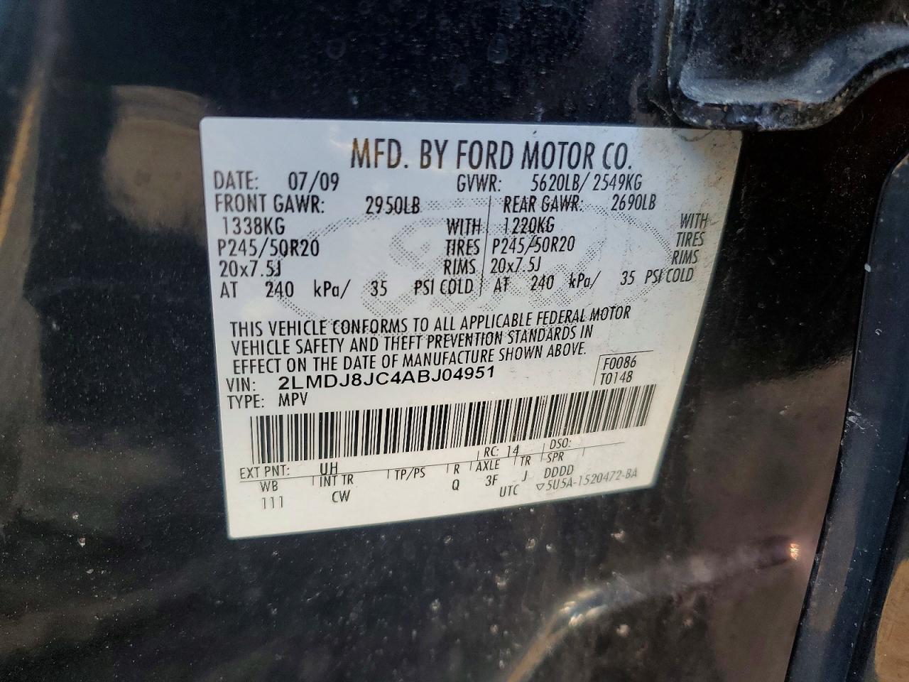 2010 Lincoln Mkx Black vin: 2LMDJ8JC4ABJ04951
