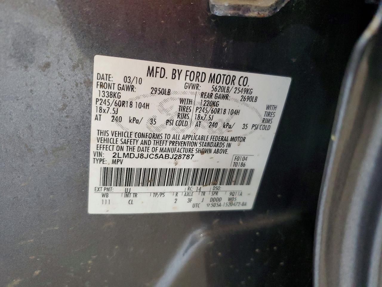 2010 Lincoln Mkx Gray vin: 2LMDJ8JC5ABJ28787