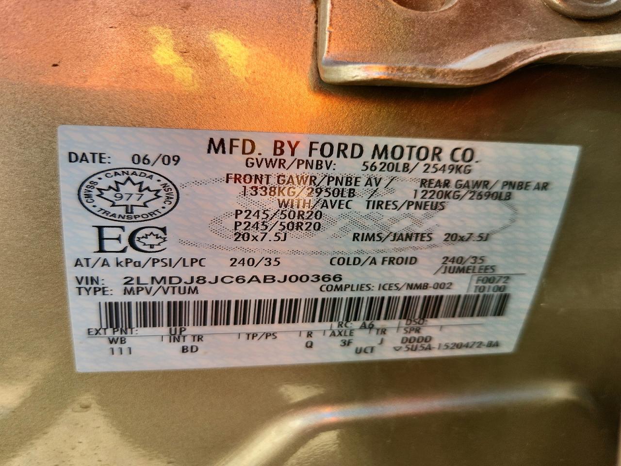 2010 Lincoln Mkx Gold vin: 2LMDJ8JC6ABJ00366
