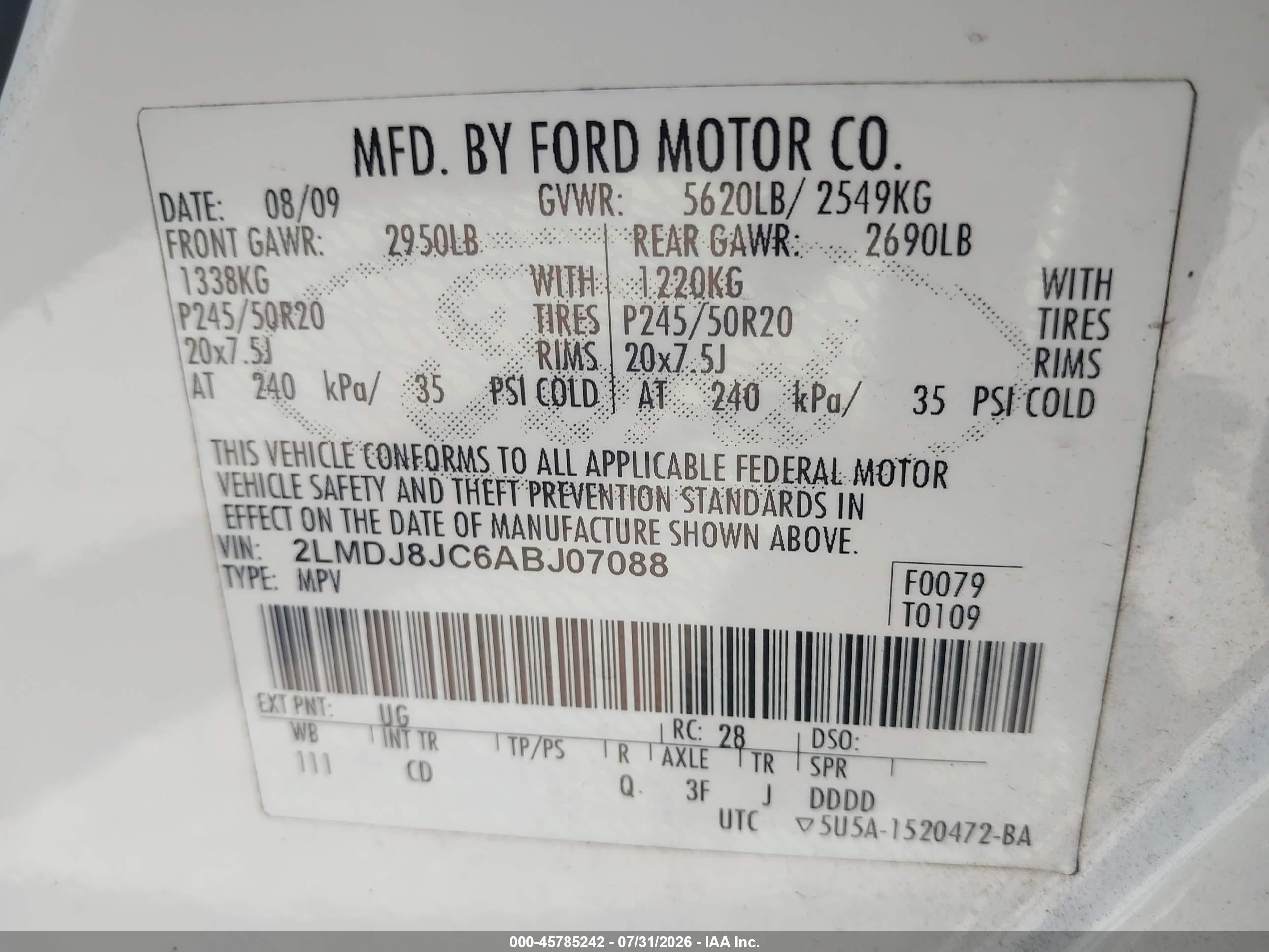 2010 Lincoln Mkx   White vin: 2LMDJ8JC6ABJ07088