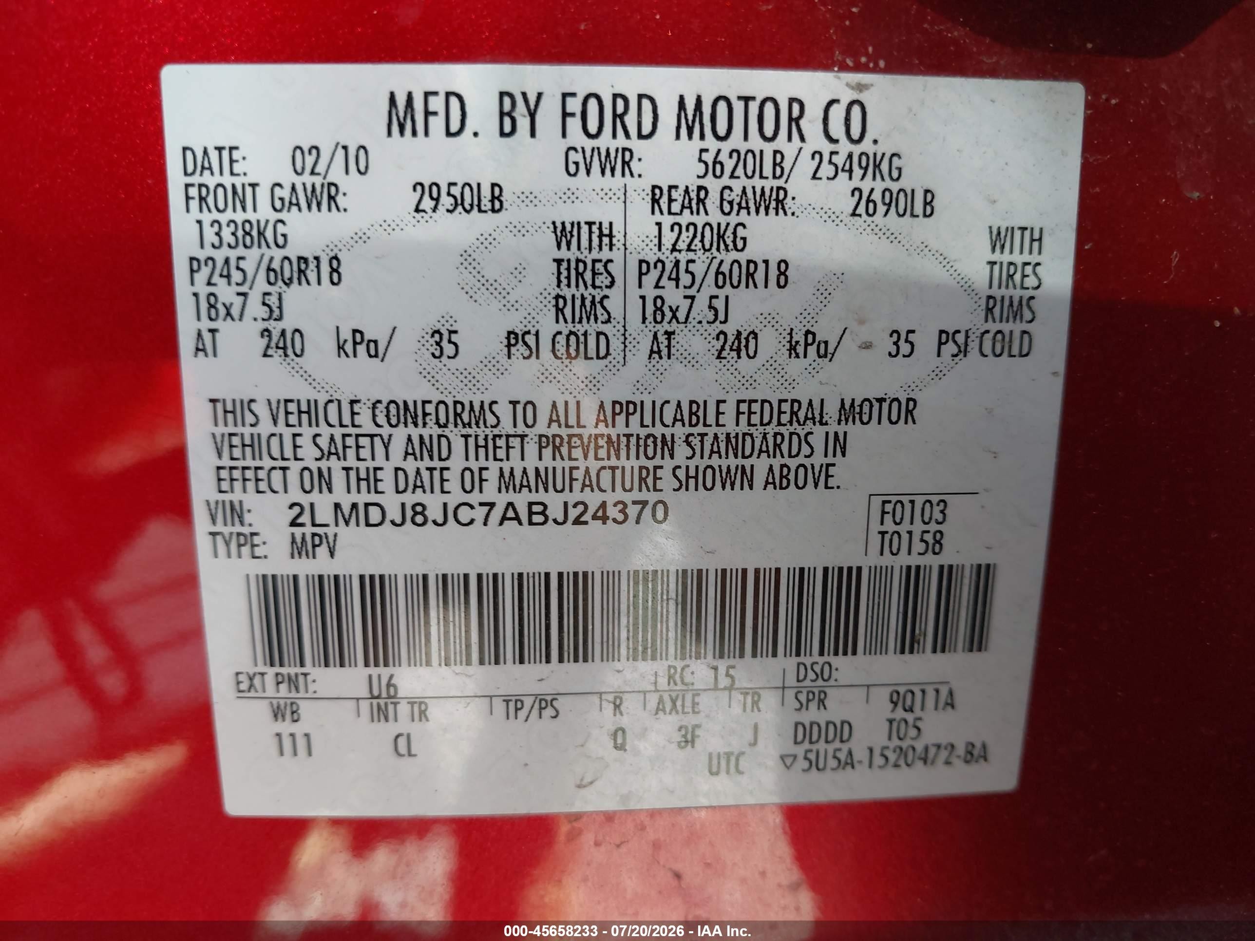 2010 Lincoln Mkx   Red vin: 2LMDJ8JC7ABJ24370