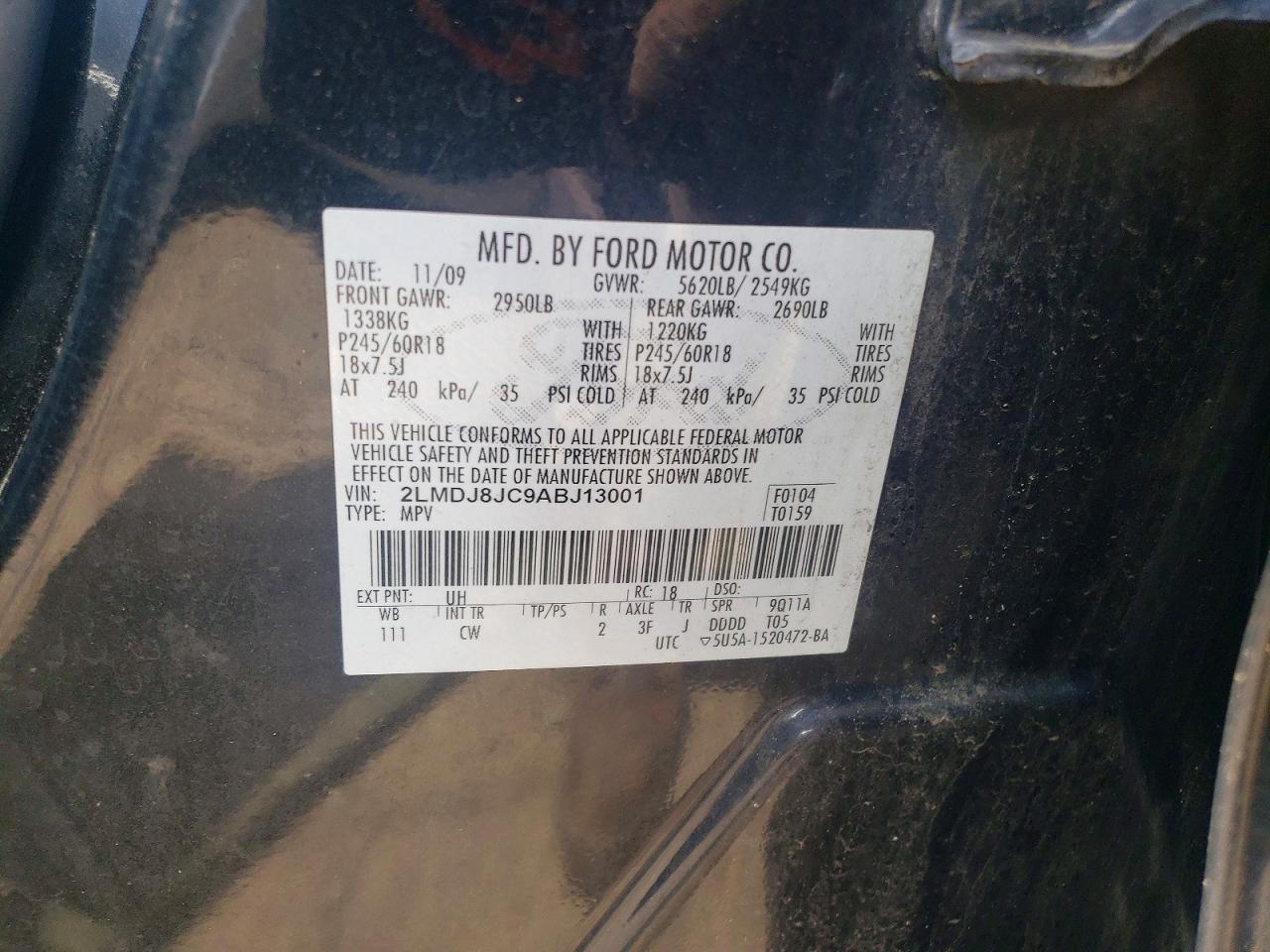 2010 Lincoln Mkx Black vin: 2LMDJ8JC9ABJ13001