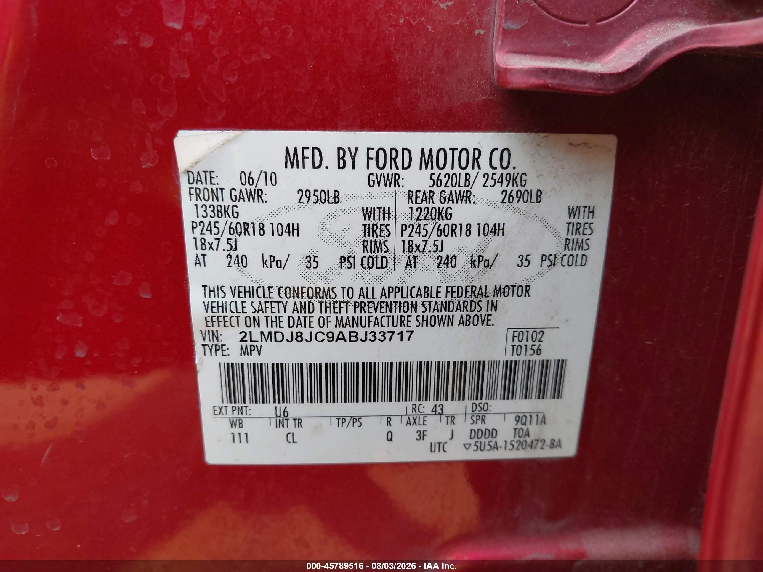 2010 Lincoln Mkx   Red vin: 2LMDJ8JC9ABJ33717