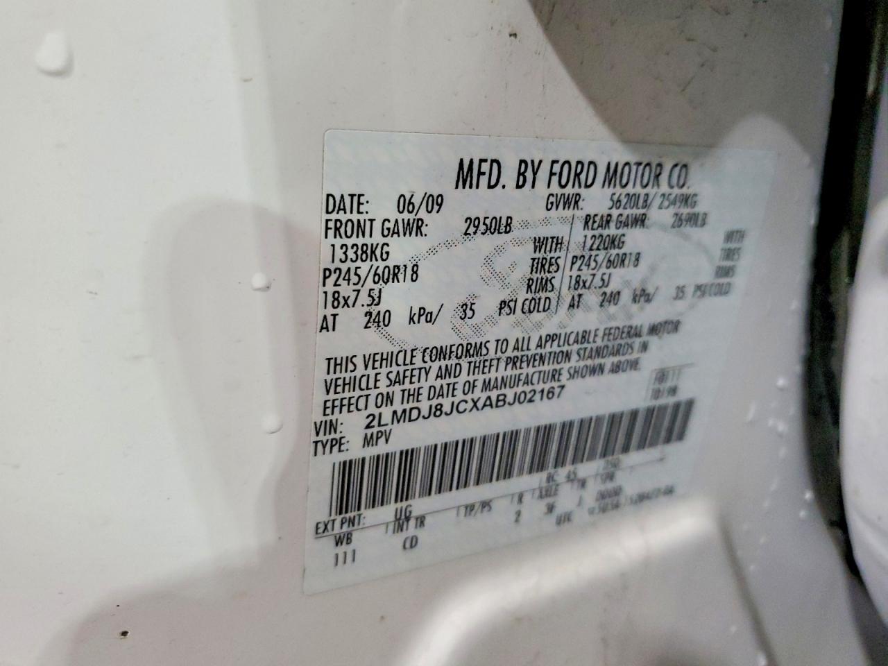2010 Lincoln Mkx White vin: 2LMDJ8JCXABJ02167
