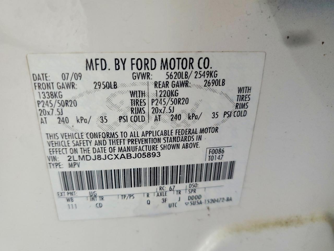 2010 Lincoln Mkx White vin: 2LMDJ8JCXABJ05893
