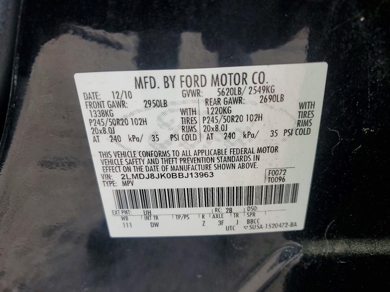 2011 Lincoln Mkx Black vin: 2LMDJ8JK0BBJ13963