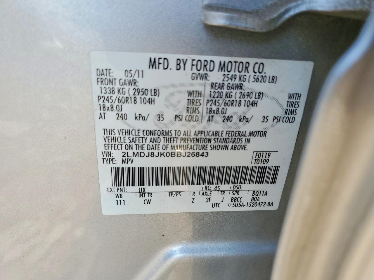 2011 Lincoln Mkx Silver vin: 2LMDJ8JK0BBJ26843