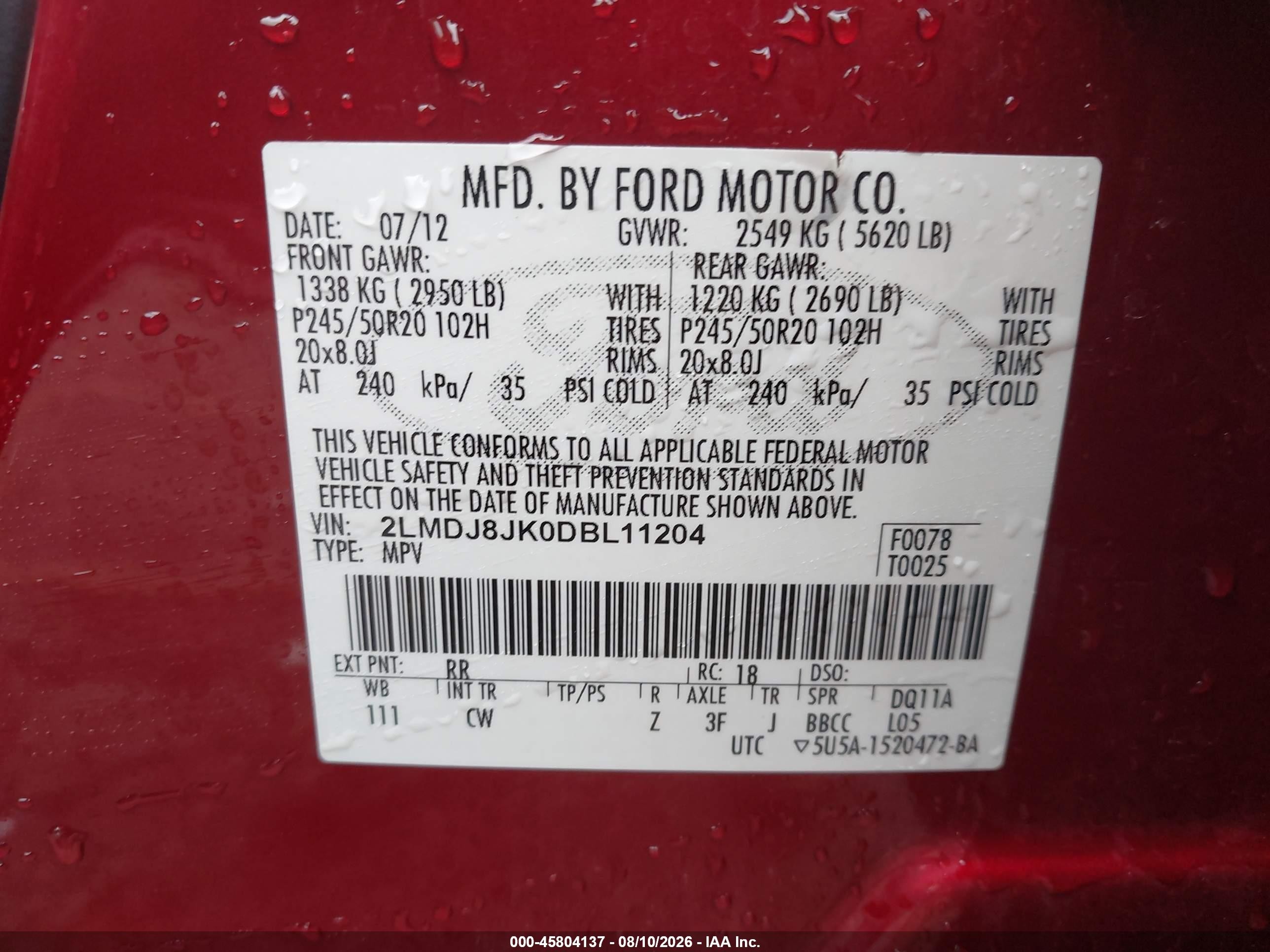 2013 Lincoln Mkx   Red vin: 2LMDJ8JK0DBL11204