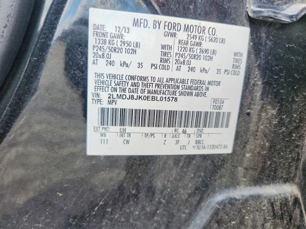 2014 Lincoln Mkx Black vin: 2LMDJ8JK0EBL01578