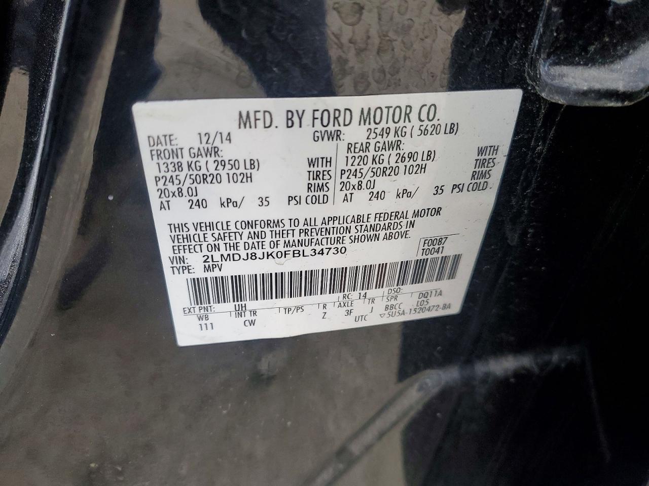 2015 Lincoln Mkx Черный vin: 2LMDJ8JK0FBL34730