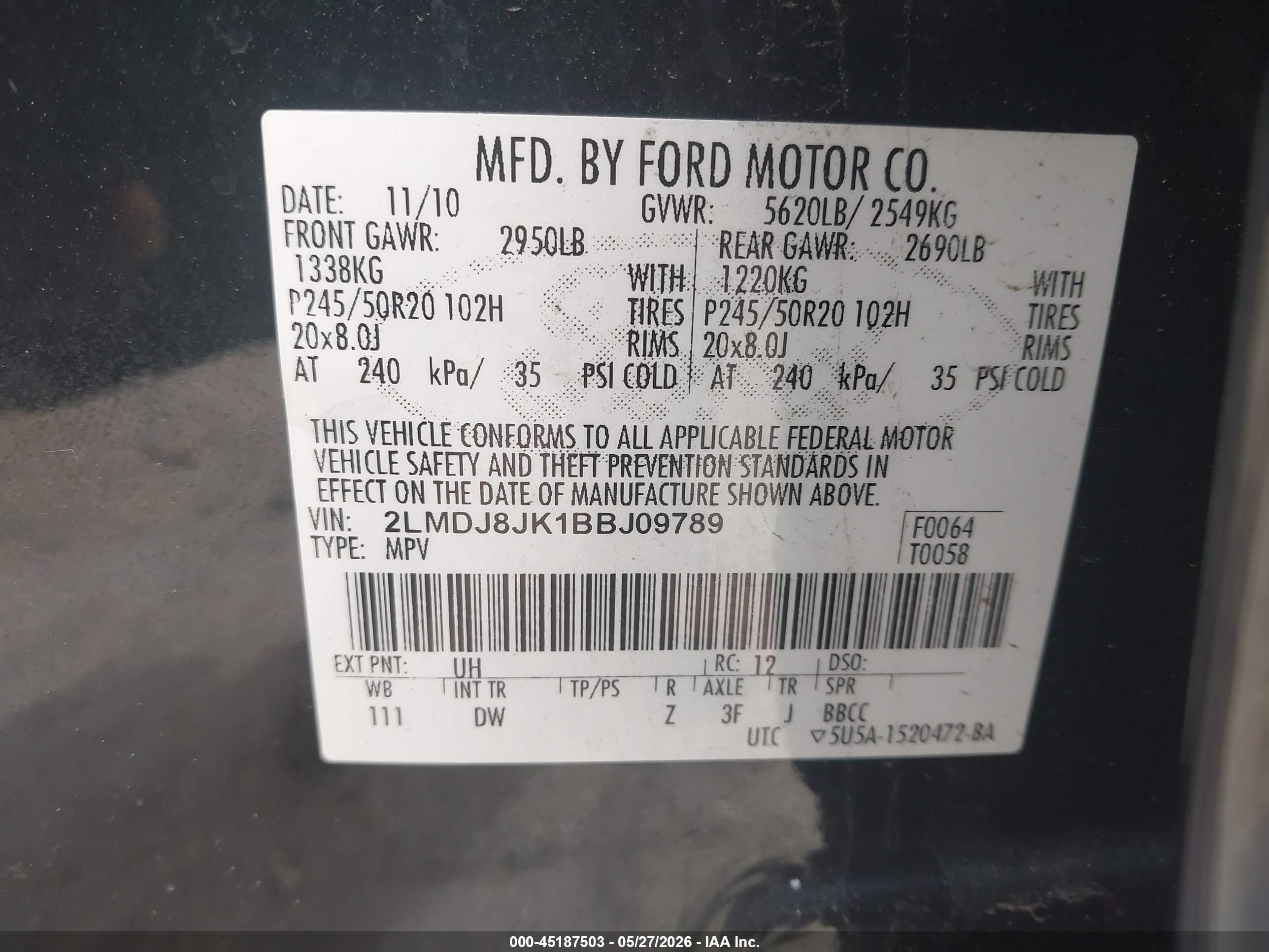 2011 Lincoln Mkx   Black vin: 2LMDJ8JK1BBJ09789