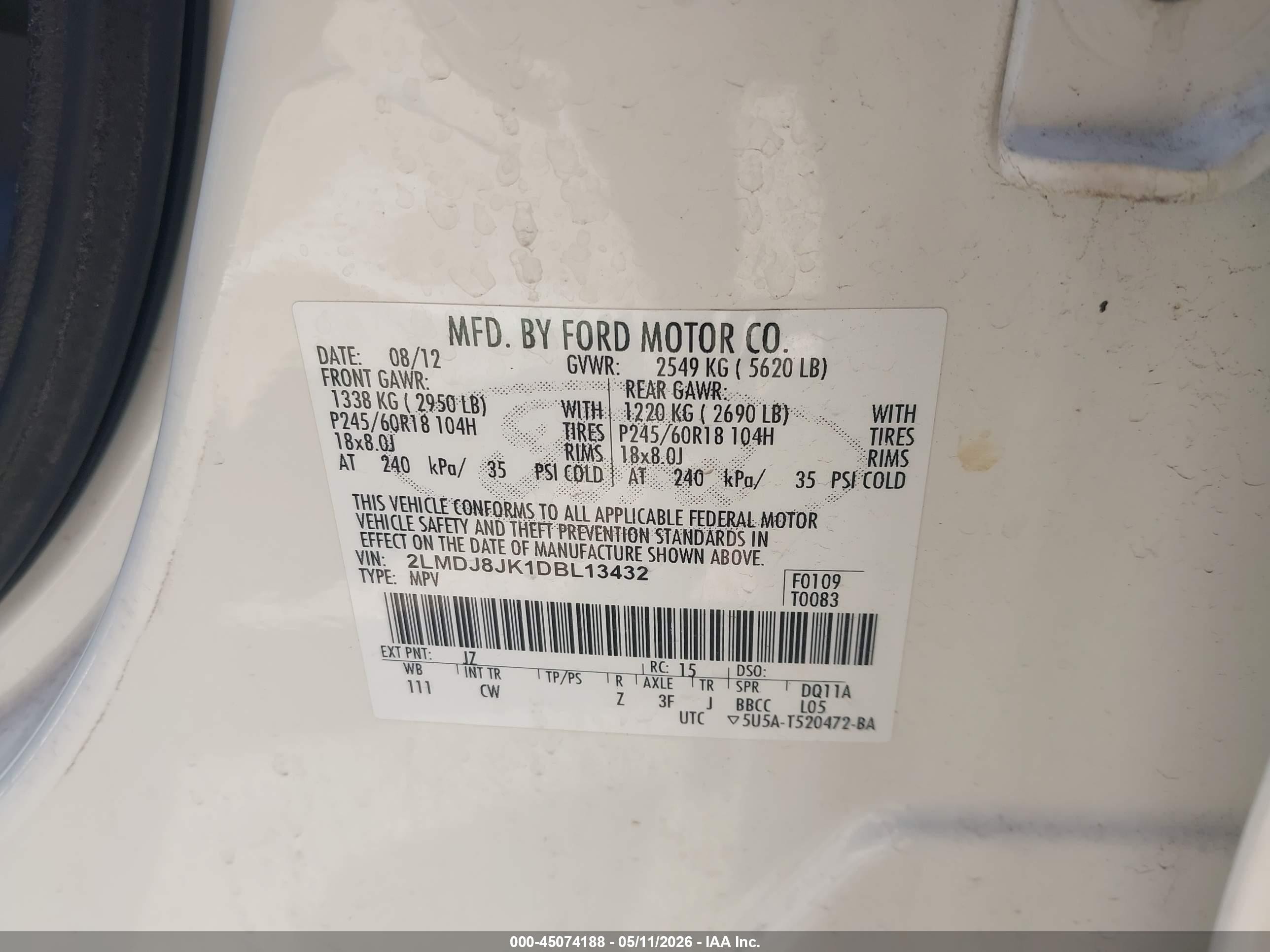 2013 Lincoln Mkx White vin: 2LMDJ8JK1DBL13432