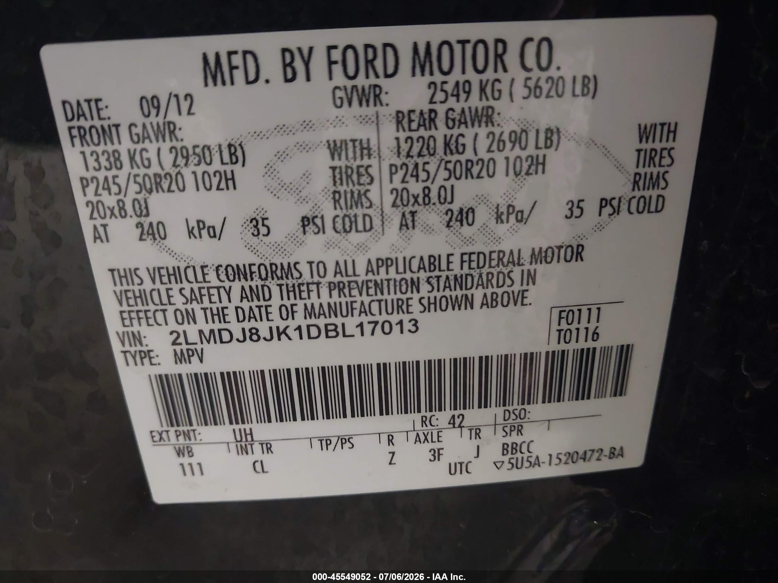 2013 Lincoln Mkx   Black vin: 2LMDJ8JK1DBL17013