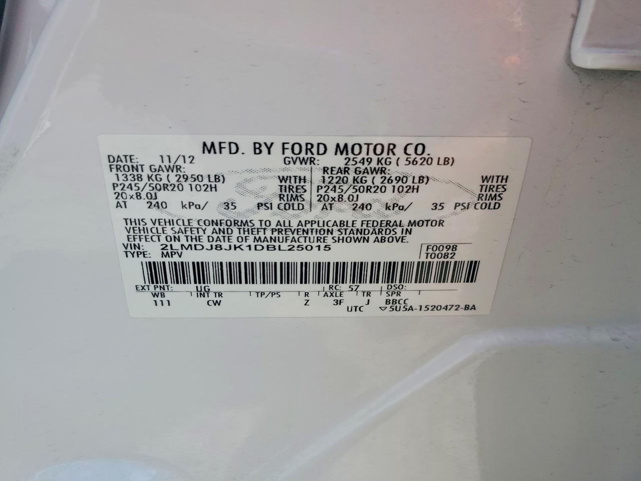 2013 Lincoln Mkx White vin: 2LMDJ8JK1DBL25015