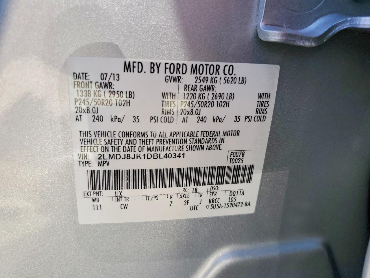 2013 Lincoln Mkx Silver vin: 2LMDJ8JK1DBL40341