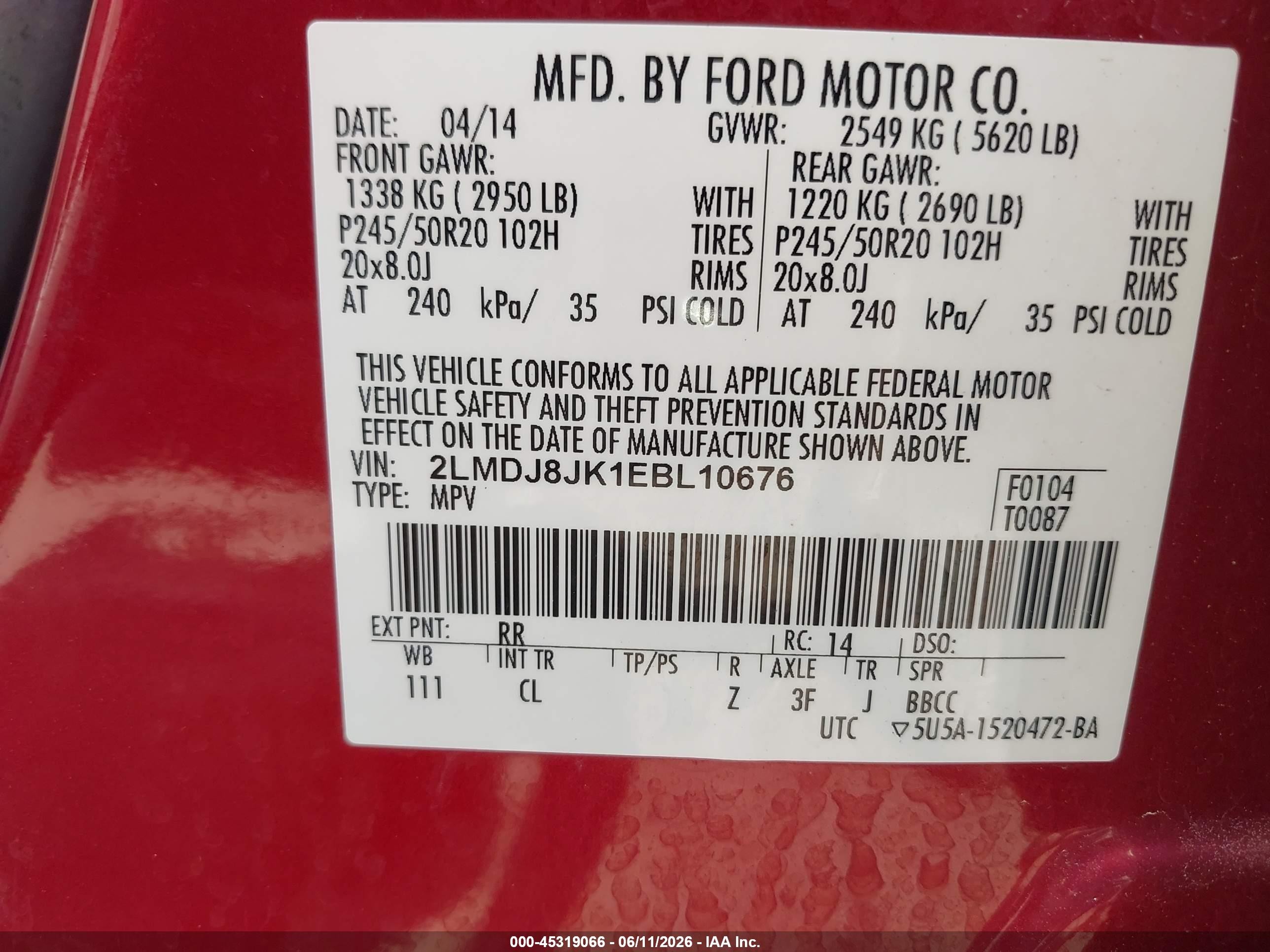 2014 Lincoln Mkx   Red vin: 2LMDJ8JK1EBL10676