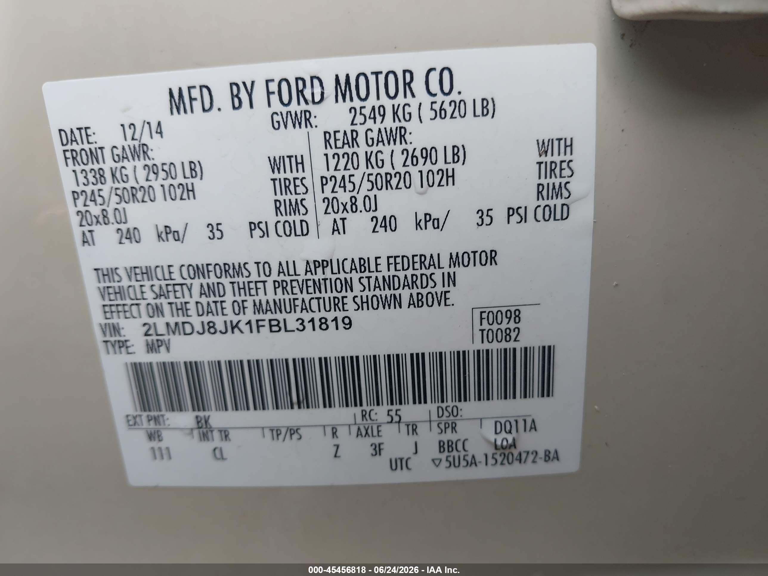 2015 Lincoln Mkx   Beige vin: 2LMDJ8JK1FBL31819