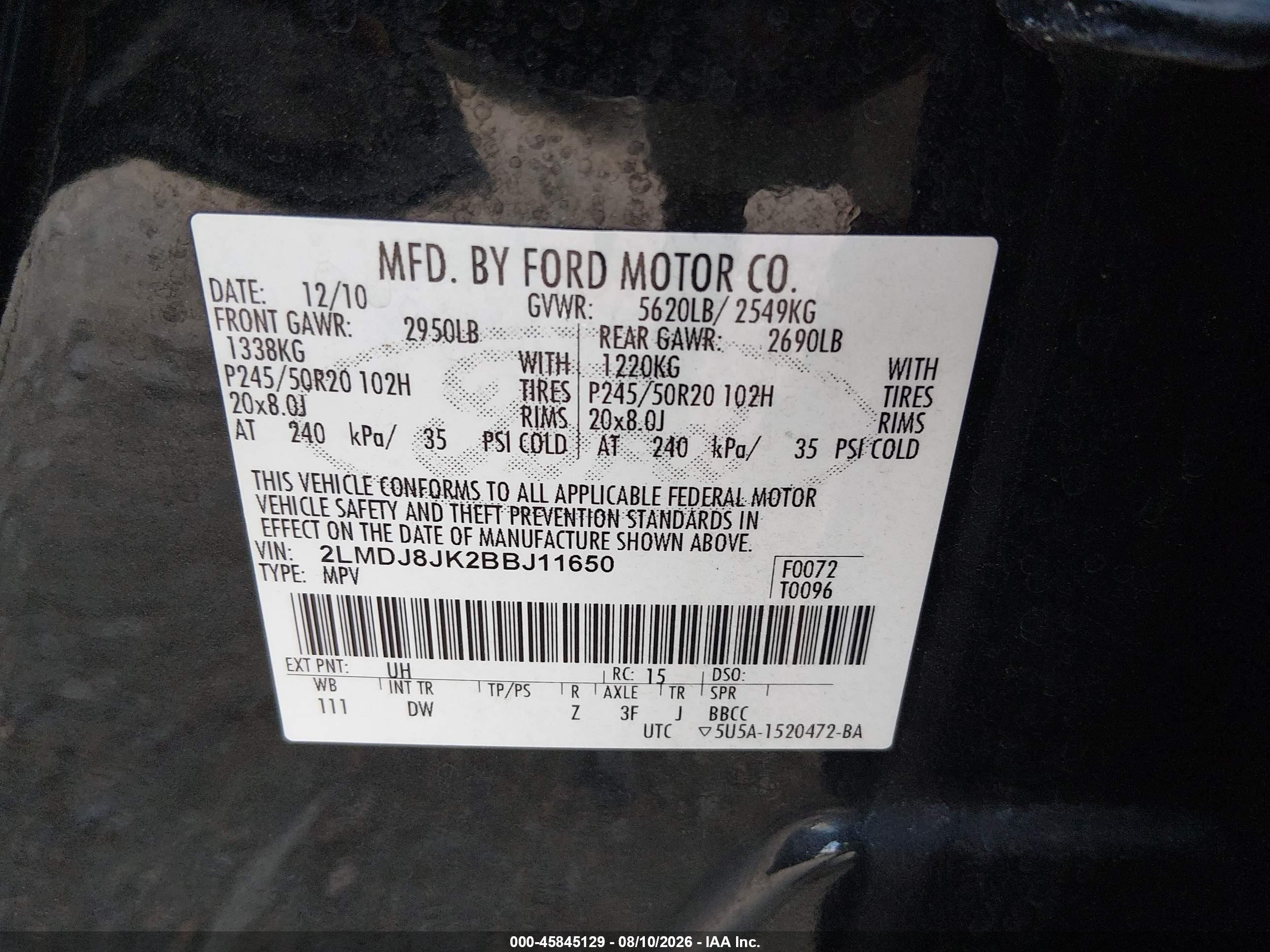 2011 Lincoln Mkx   Black vin: 2LMDJ8JK2BBJ11650