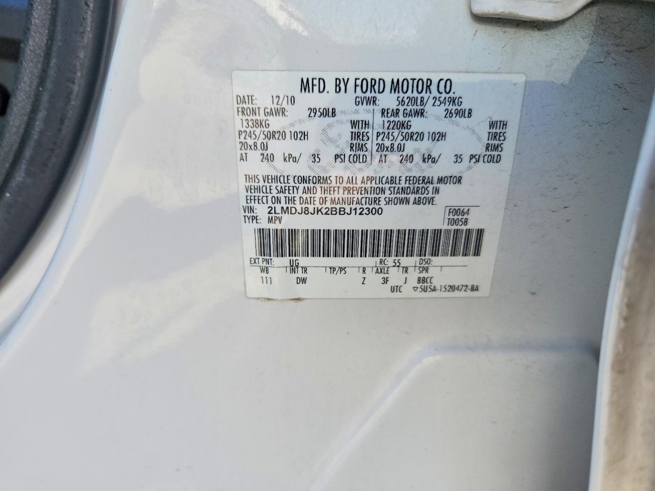 2011 Lincoln Mkx White vin: 2LMDJ8JK2BBJ12300