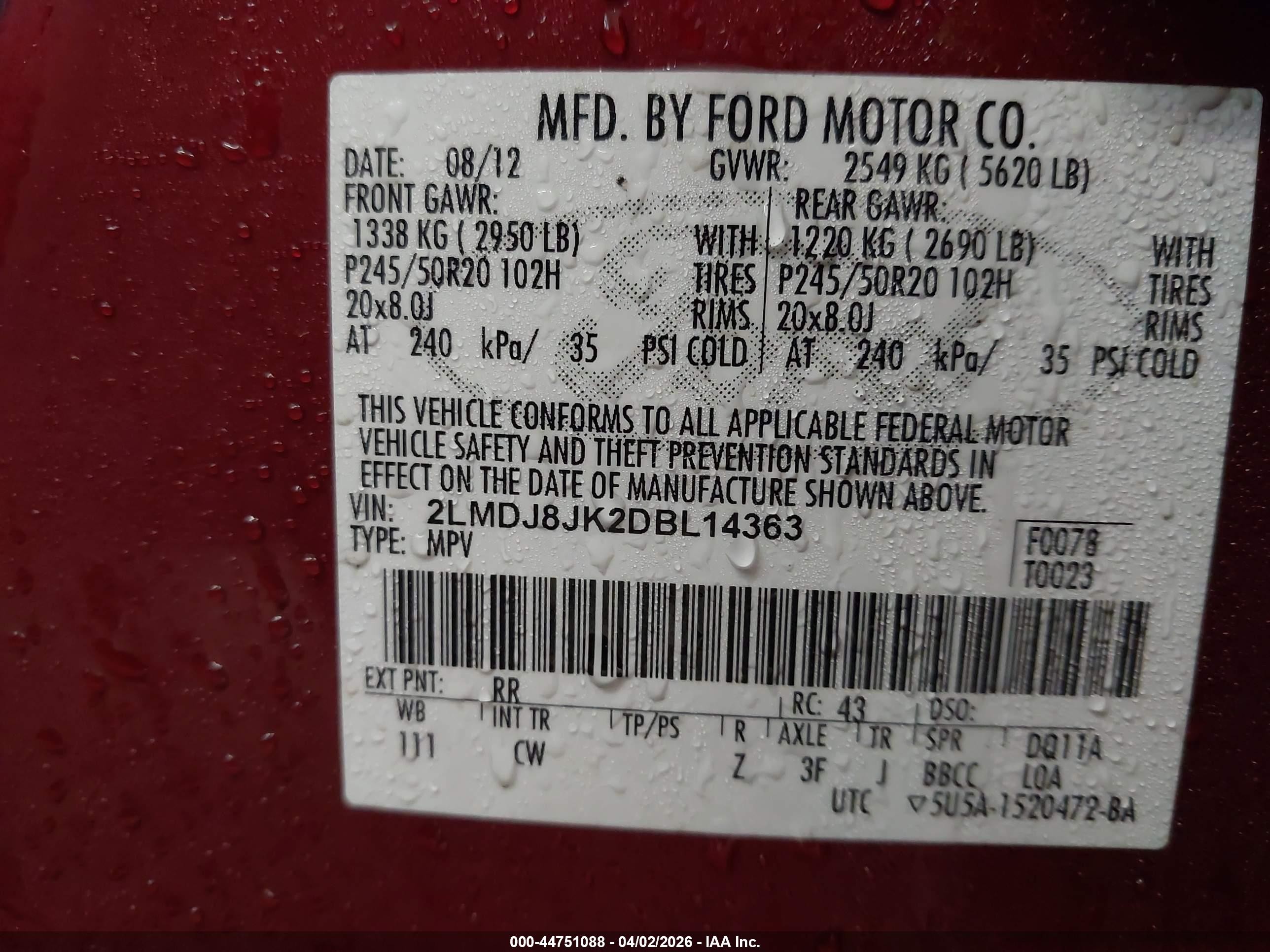 2013 Lincoln Mkx   Red vin: 2LMDJ8JK2DBL14363