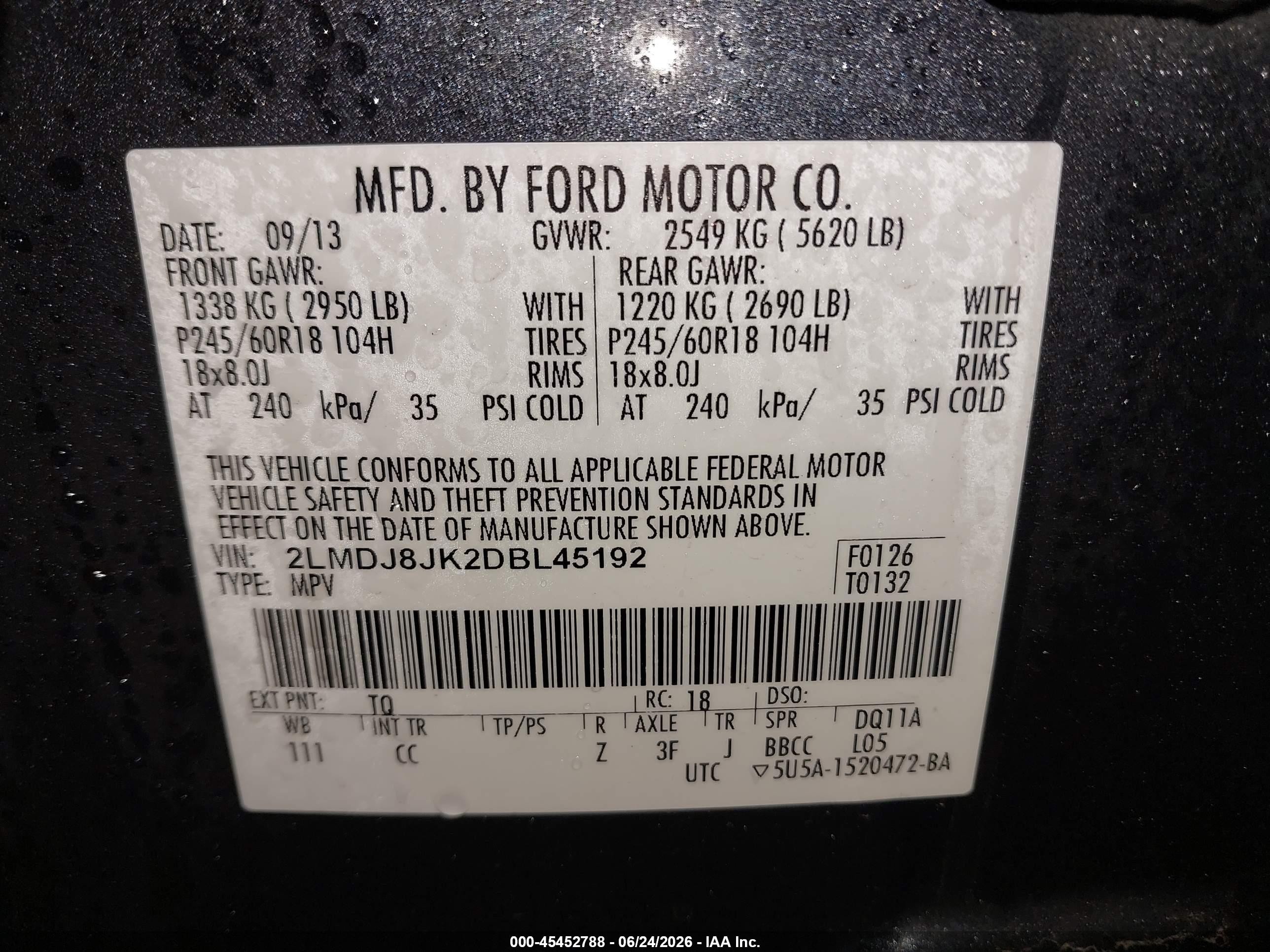 2013 Lincoln Mkx   Dark Blue vin: 2LMDJ8JK2DBL45192