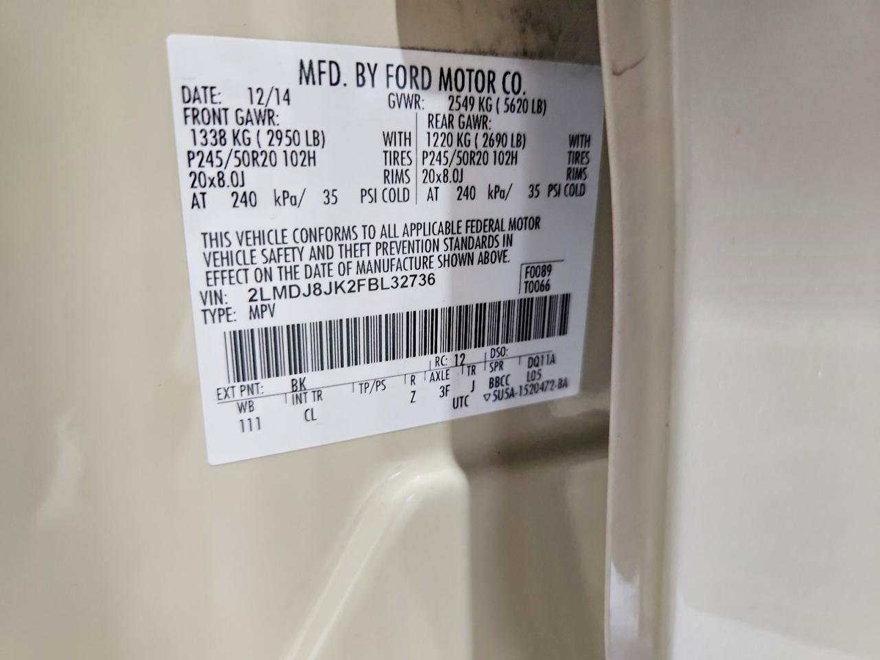 2015 Lincoln Mkx Cream vin: 2LMDJ8JK2FBL32736