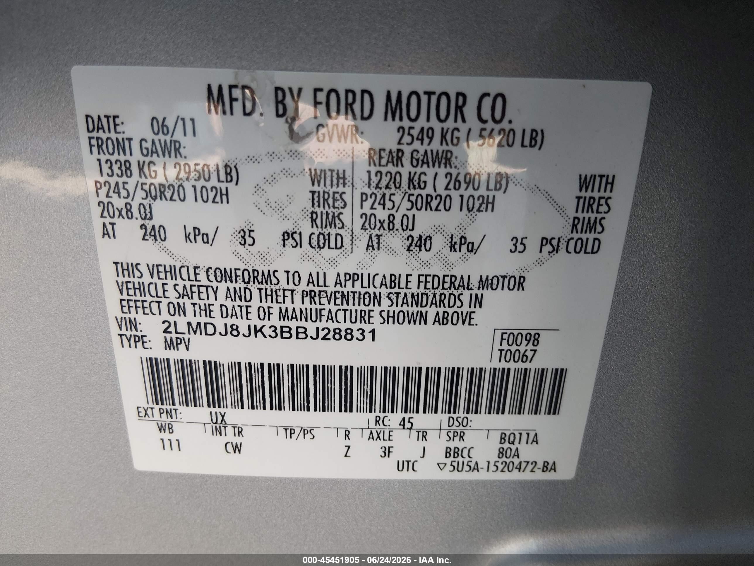2011 Lincoln Mkx   Silver vin: 2LMDJ8JK3BBJ28831