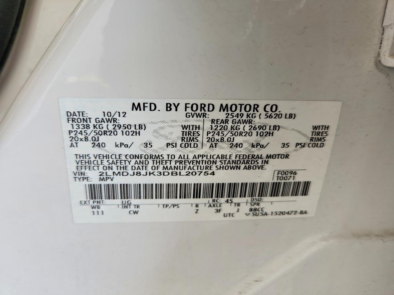 2013 Lincoln Mkx White vin: 2LMDJ8JK3DBL20754