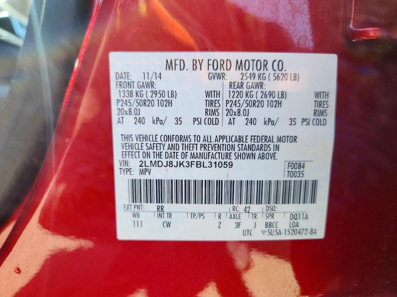 2015 Lincoln Mkx Red vin: 2LMDJ8JK3FBL31059