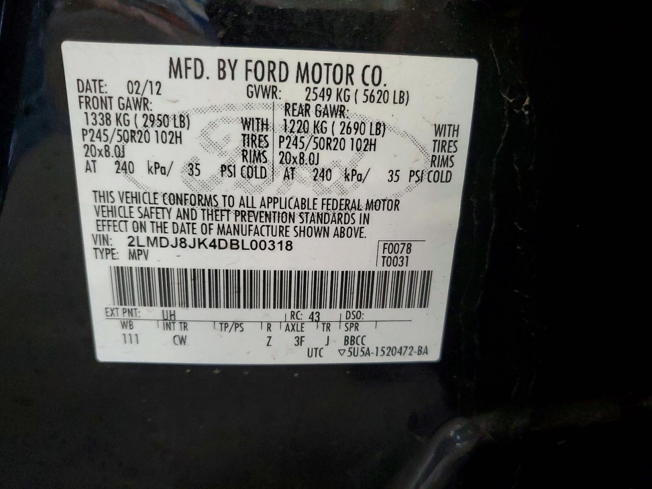 2013 Lincoln Mkx Черный vin: 2LMDJ8JK4DBL00318