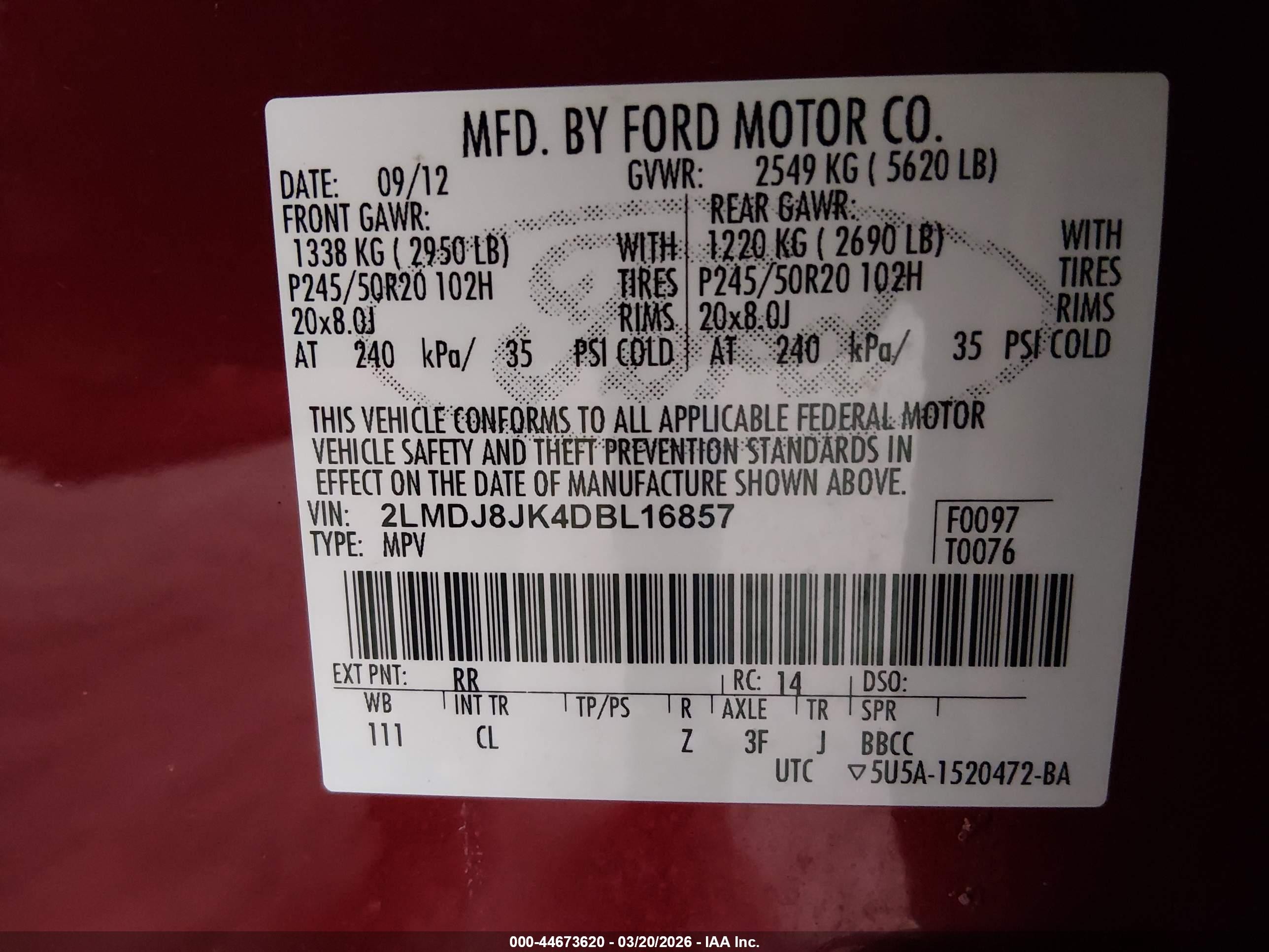 2013 Lincoln Mkx   Красный vin: 2LMDJ8JK4DBL16857