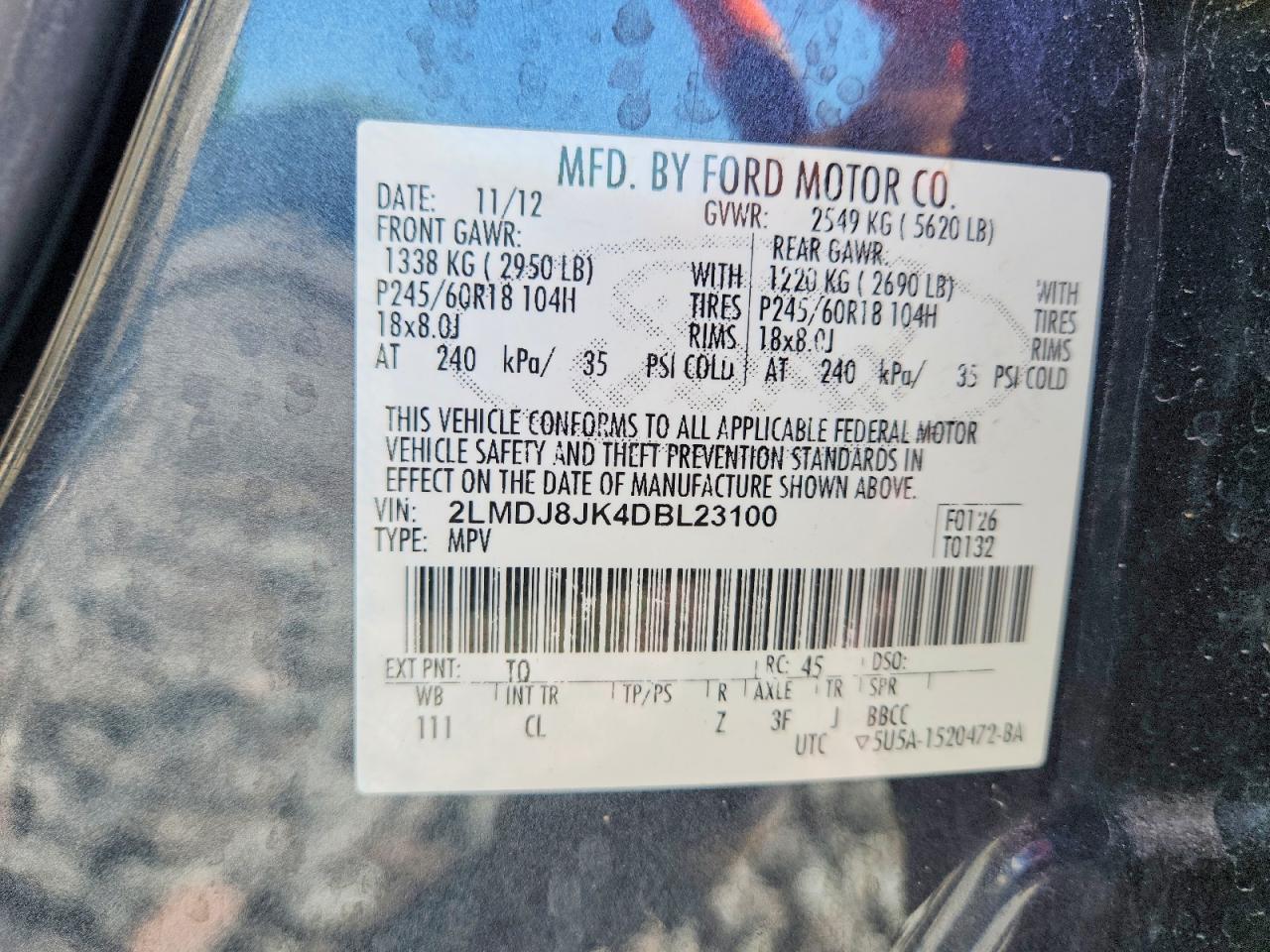 2013 Lincoln Mkx Black vin: 2LMDJ8JK4DBL23100