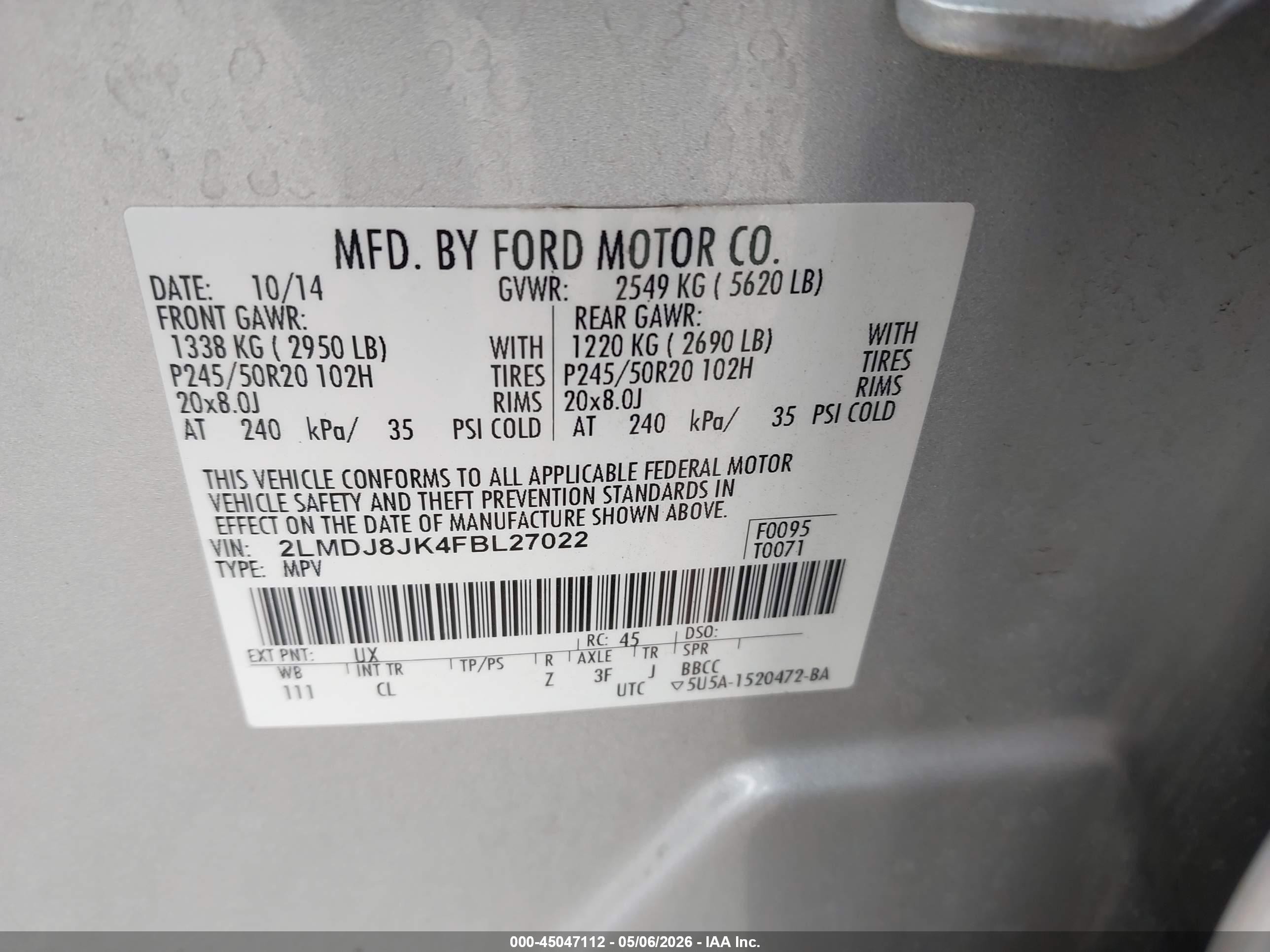 2015 Lincoln Mkx   Silver vin: 2LMDJ8JK4FBL27022