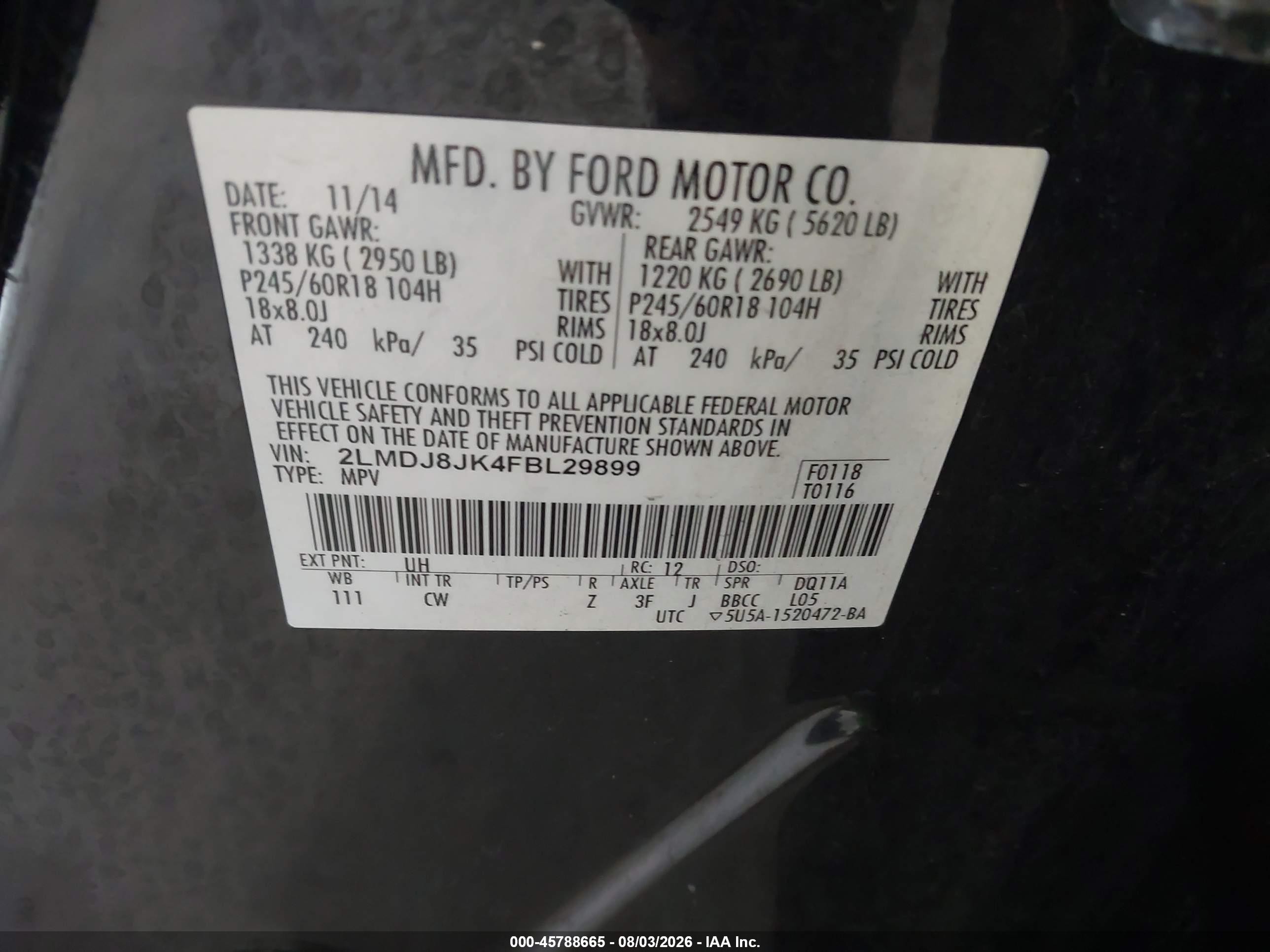2015 Lincoln Mkx   Black vin: 2LMDJ8JK4FBL29899