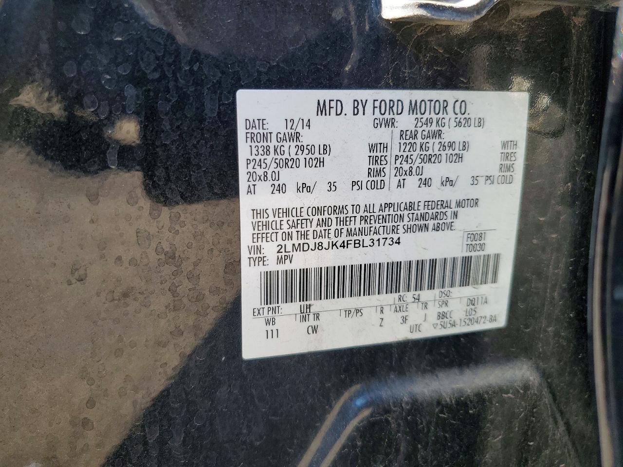 2015 Lincoln Mkx Black vin: 2LMDJ8JK4FBL31734