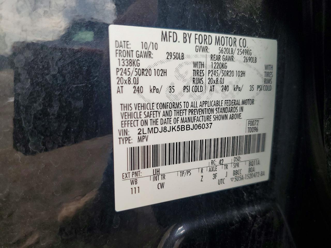 2011 Lincoln Mkx Black vin: 2LMDJ8JK5BBJ06037