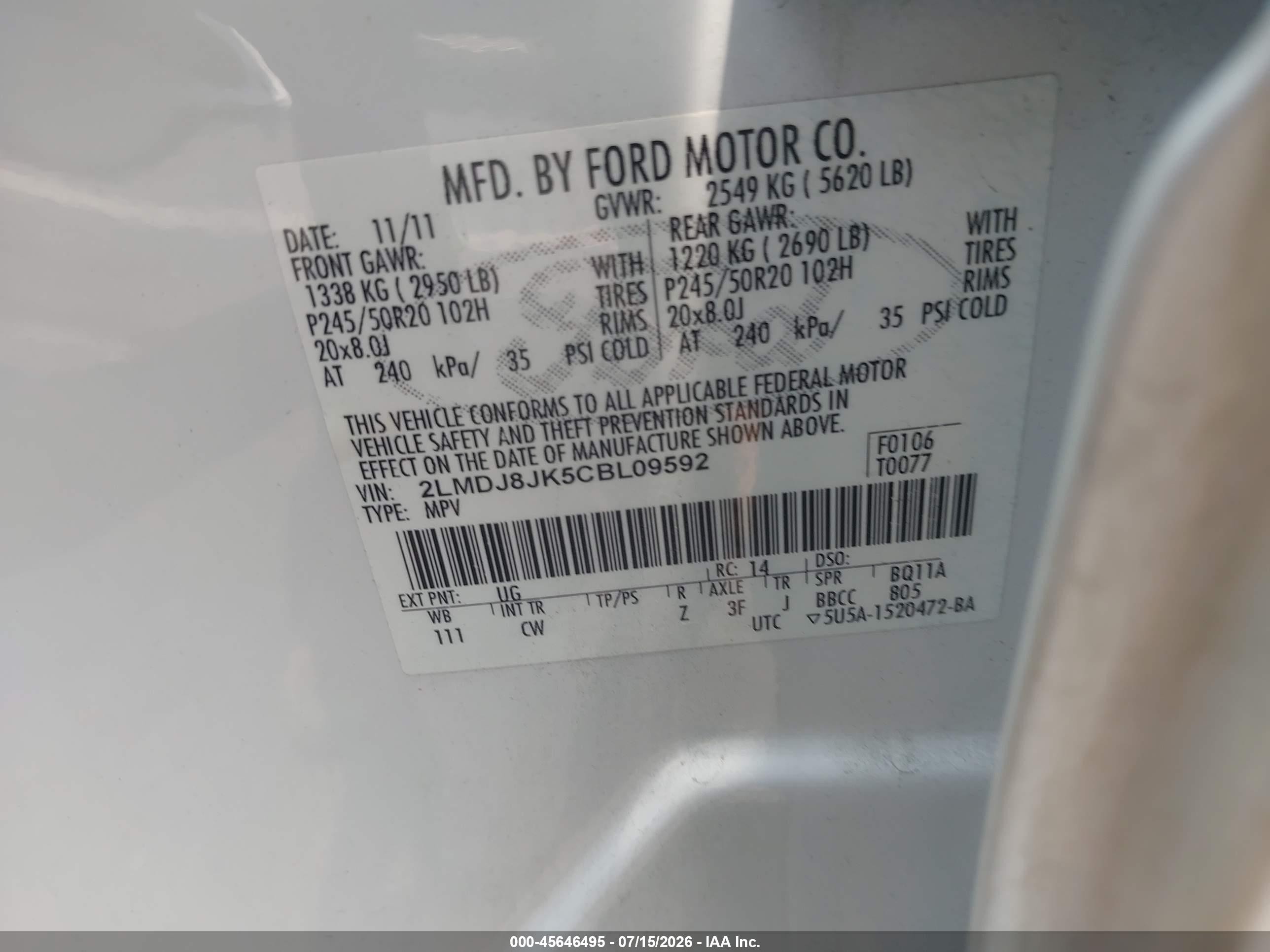 2012 Lincoln Mkx   White vin: 2LMDJ8JK5CBL09592