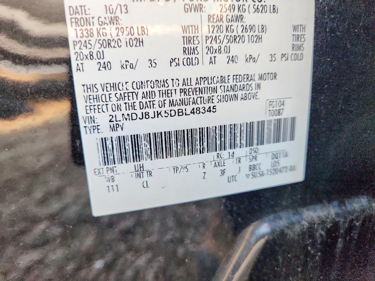 2013 Lincoln Mkx Black vin: 2LMDJ8JK5DBL48345