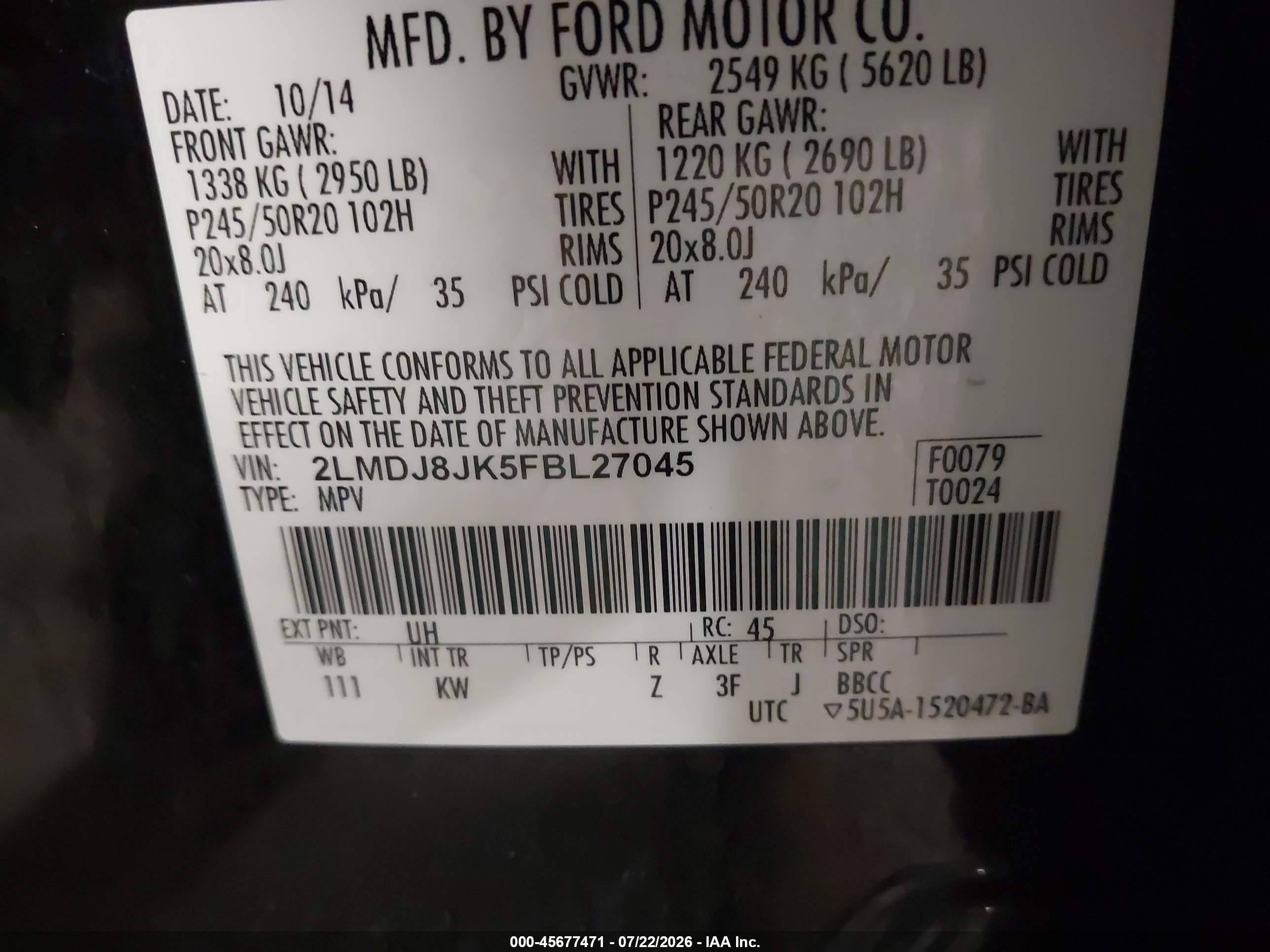 2015 Lincoln Mkx   Черный vin: 2LMDJ8JK5FBL27045