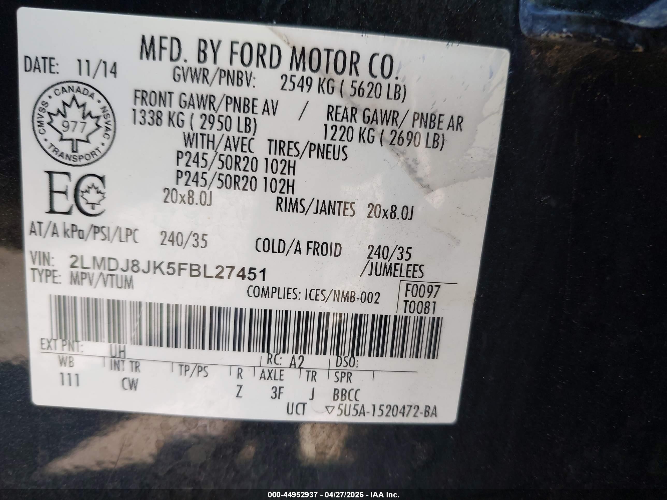 2015 Lincoln Mkx   Black vin: 2LMDJ8JK5FBL27451