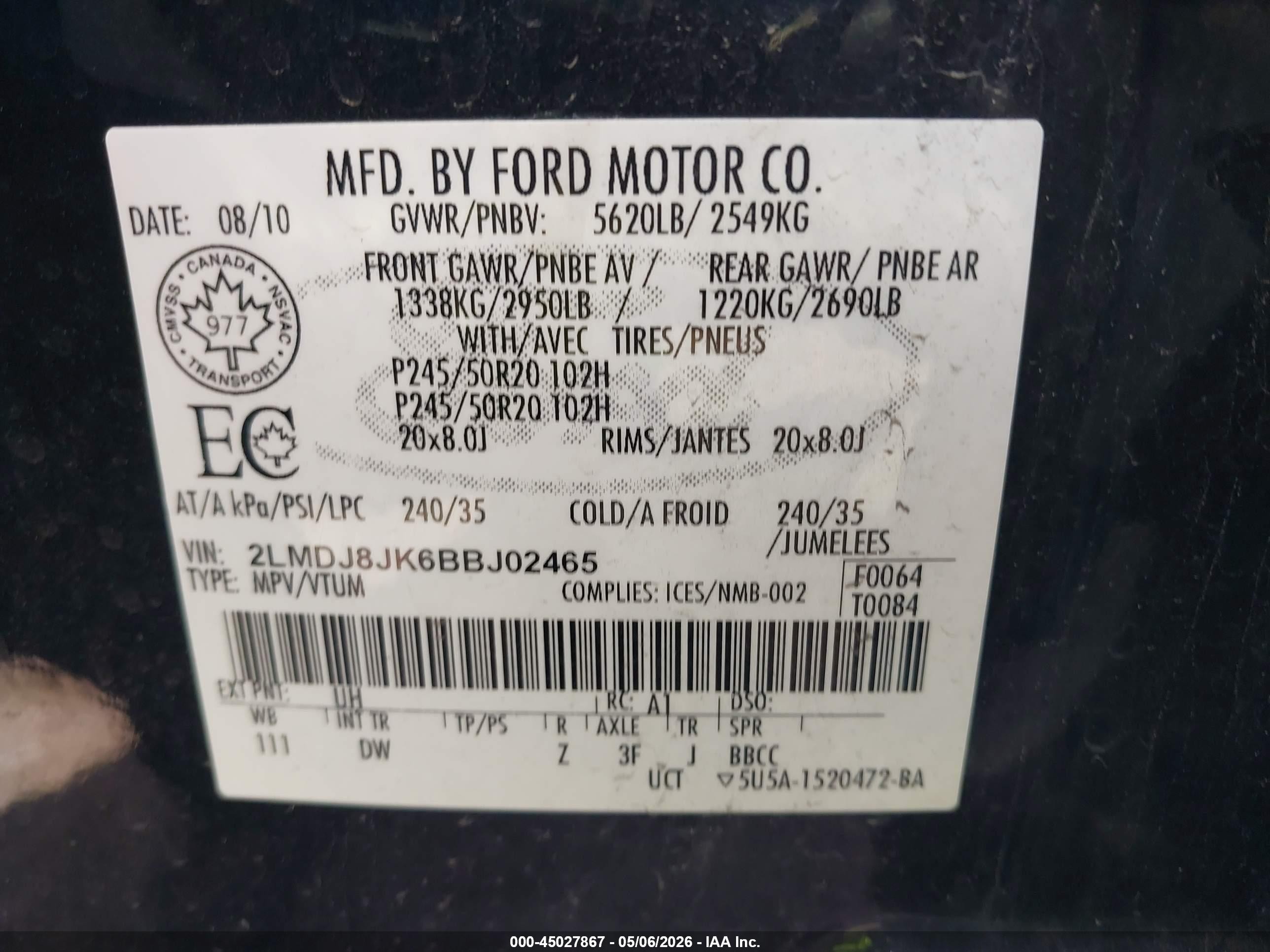 2011 Lincoln Mkx   Черный vin: 2LMDJ8JK6BBJ02465