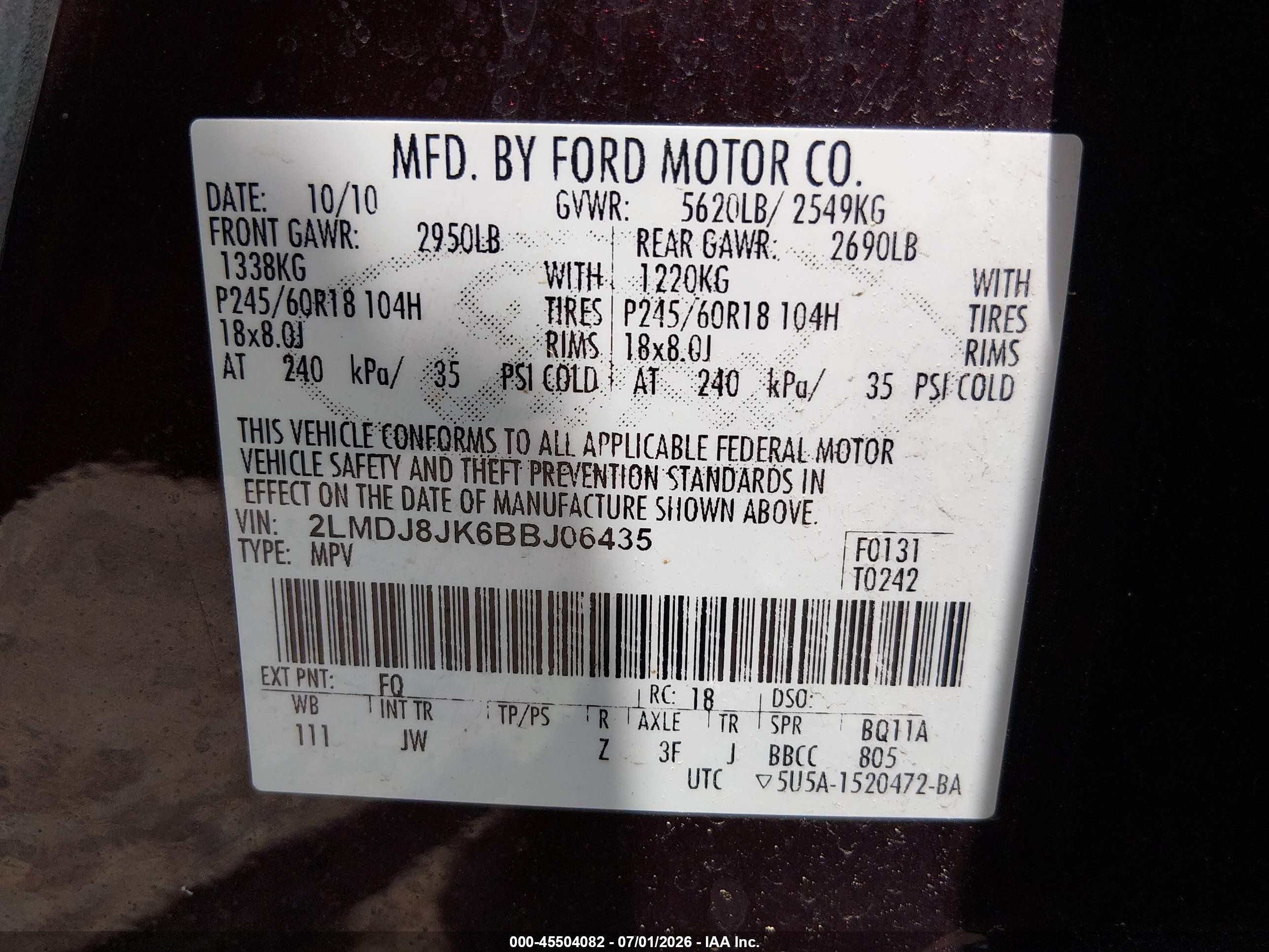 2011 Lincoln Mkx   Burgundy vin: 2LMDJ8JK6BBJ06435