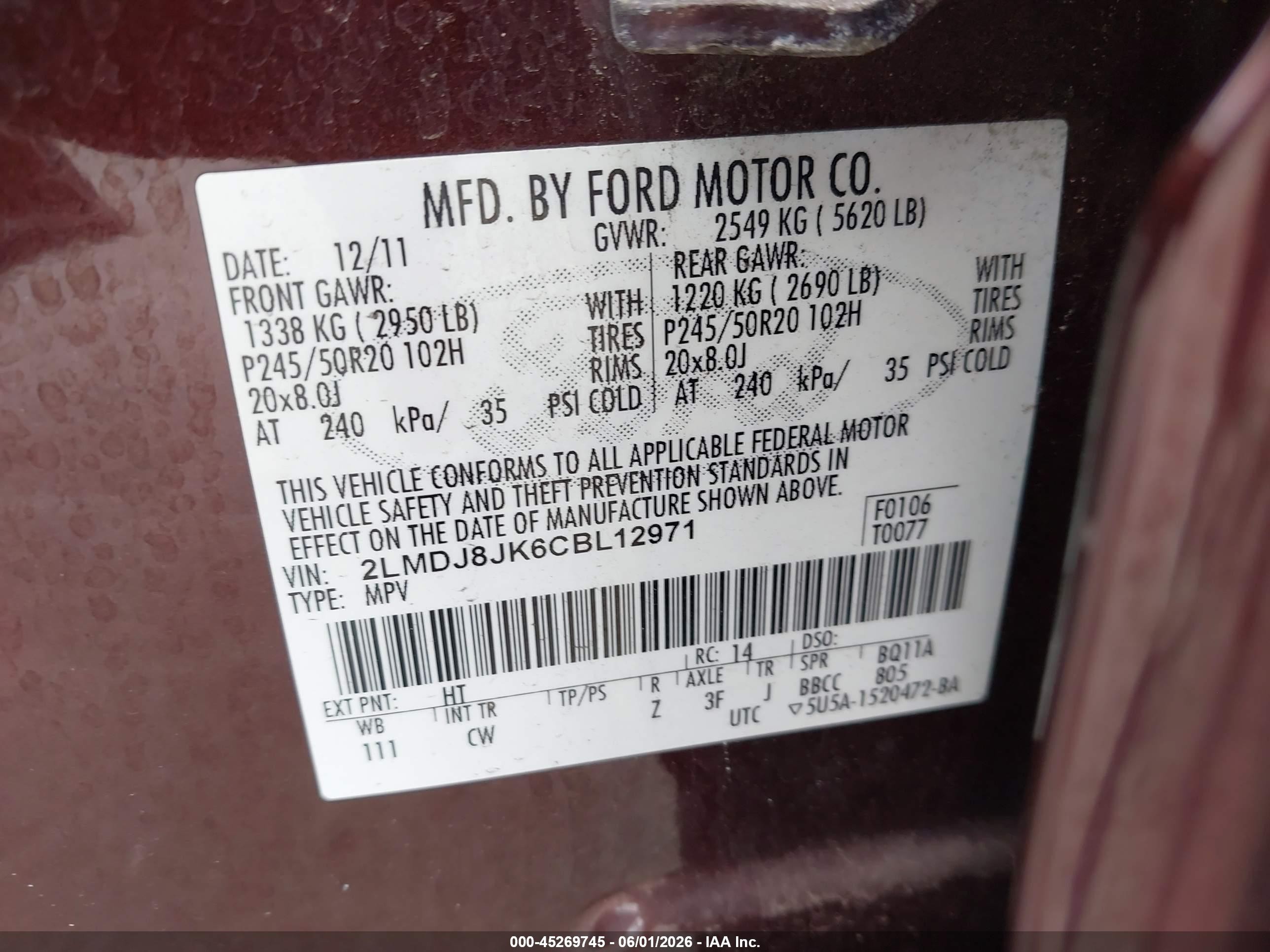 2012 Lincoln Mkx   Maroon vin: 2LMDJ8JK6CBL12971