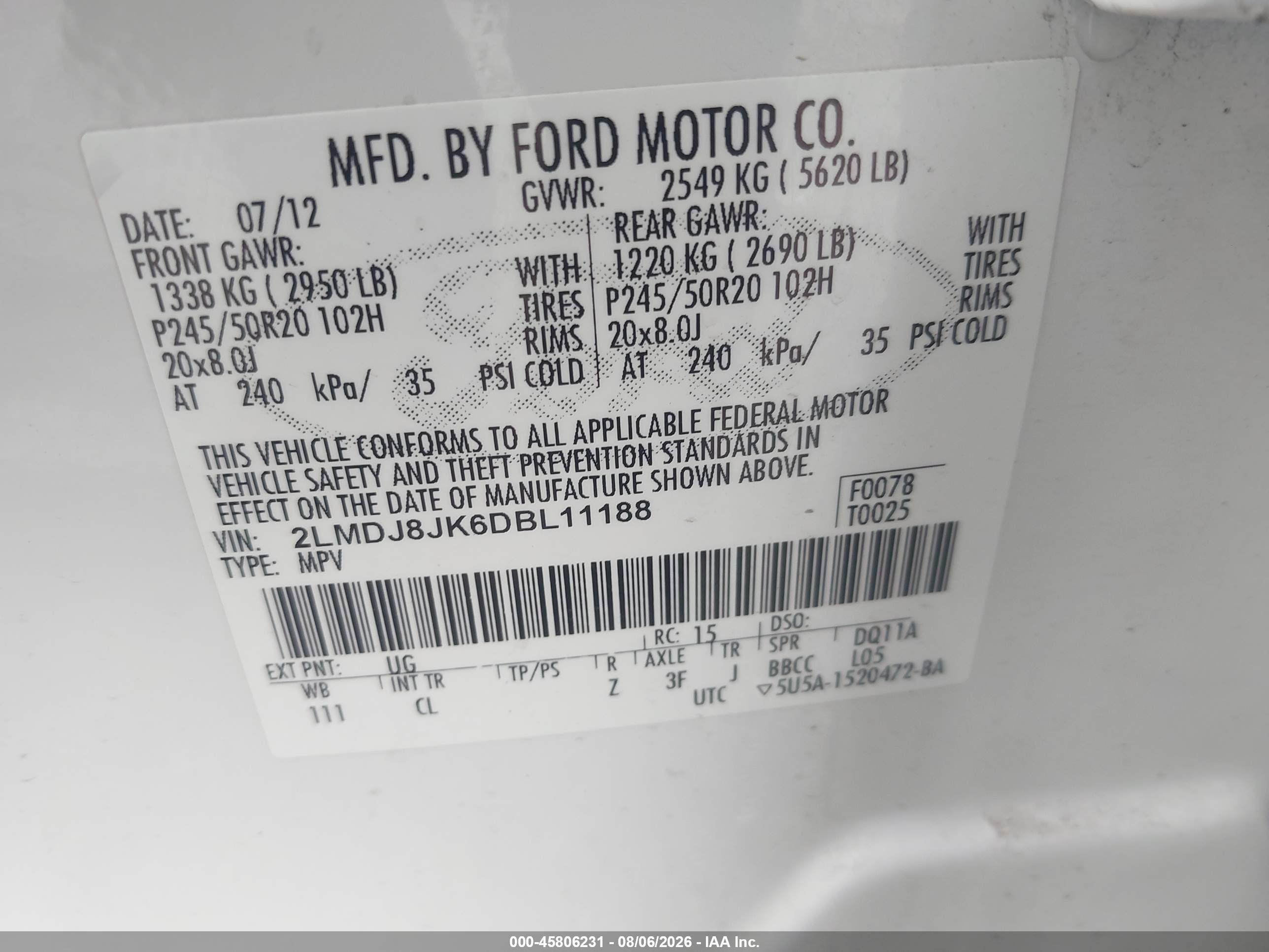 2013 Lincoln Mkx   White vin: 2LMDJ8JK6DBL11188